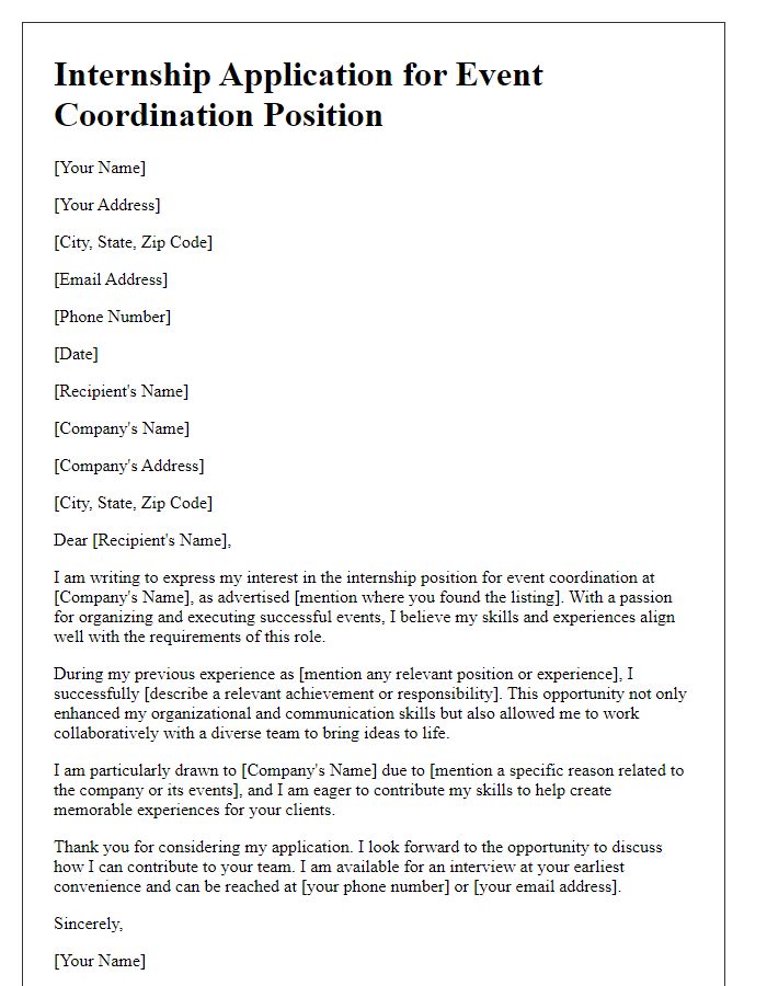 Letter template of internship application for event coordination experience.