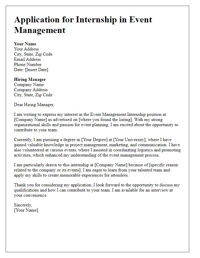 Letter template of internship application for event management position.