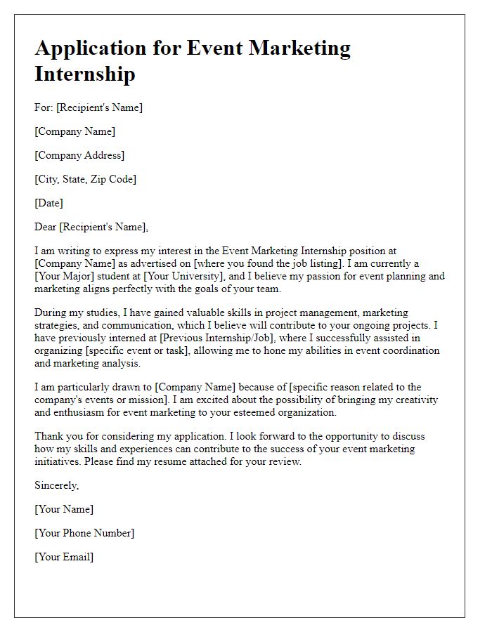 Letter template of internship application focused on event marketing.