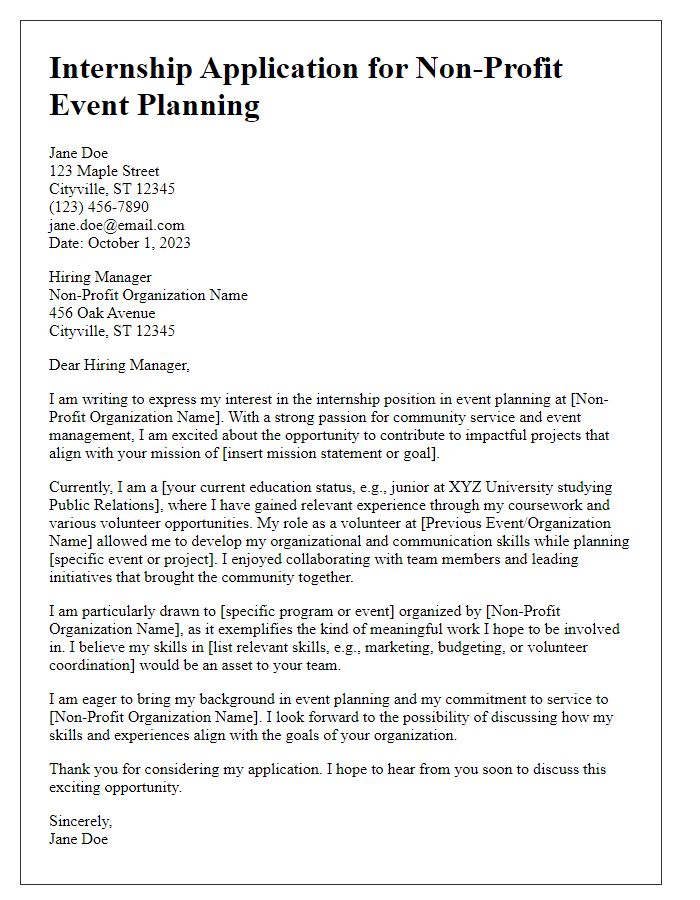 Letter template of internship application in non-profit event planning.