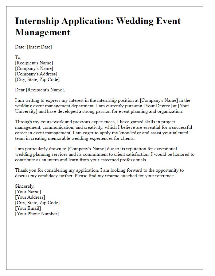 Letter template of internship application for wedding event management.