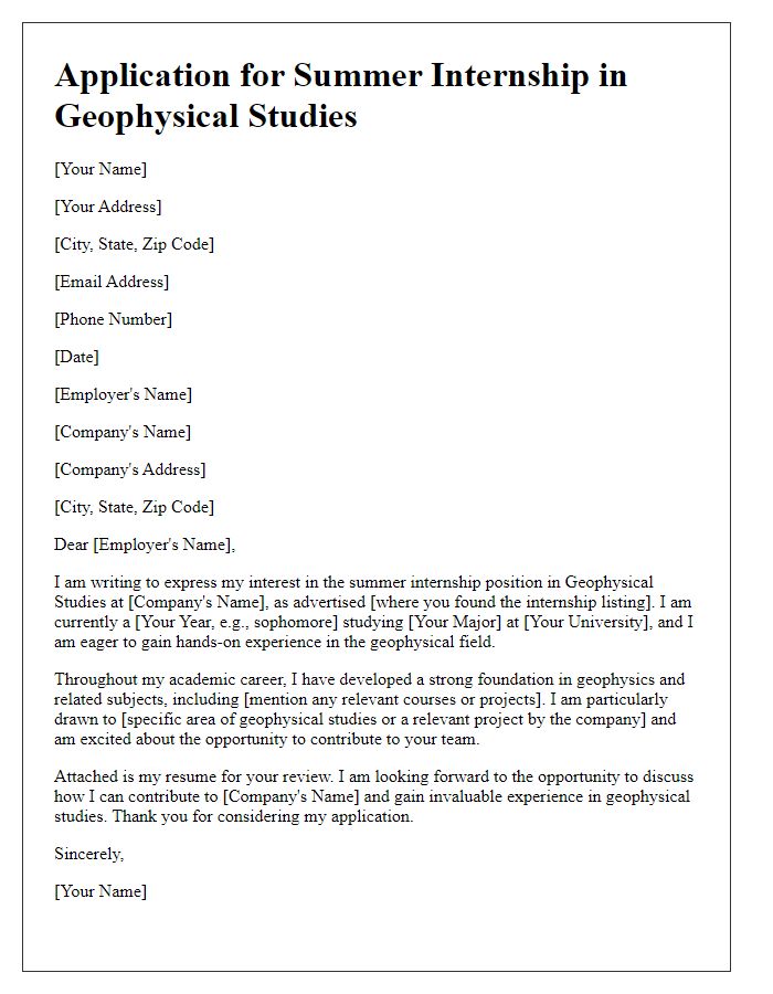 Letter template of application for summer internship in geophysical studies