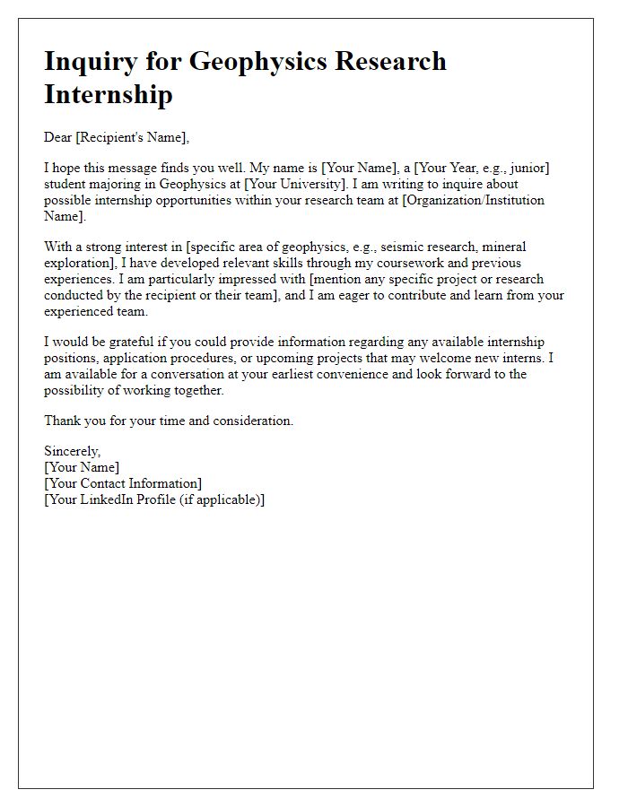 Letter template of inquiry for geophysics research internship