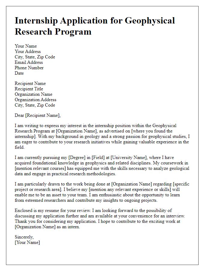 Letter template of internship application in geophysical research program