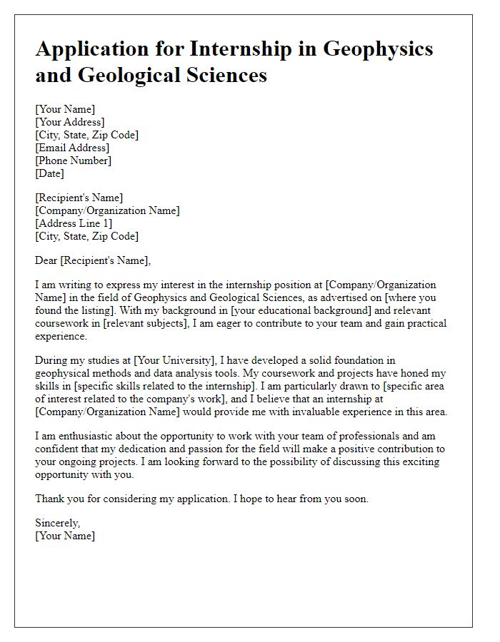 Letter template of internship application in geophysics and geological sciences