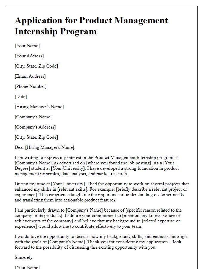 Letter template of application for a competitive product management internship program