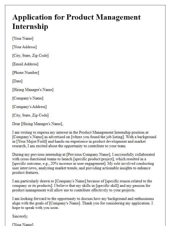 Letter template of application for a product management internship with previous experience