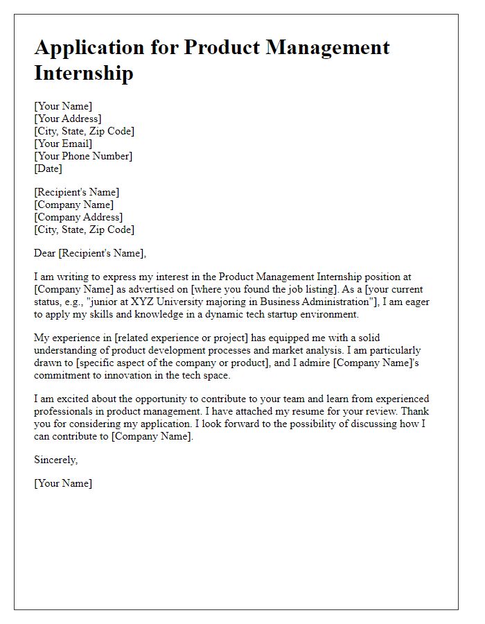 Letter template of internship application for product management in a tech startup