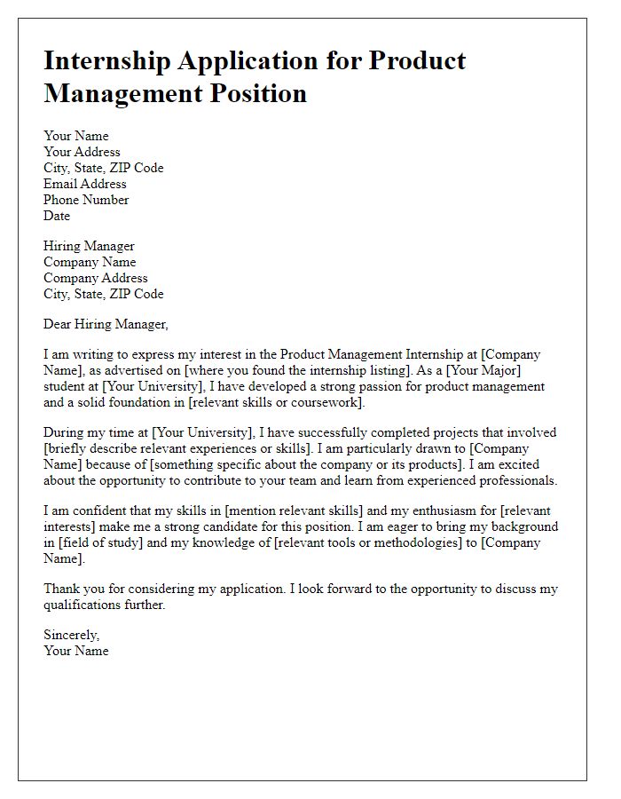 Letter template of internship application for product management position