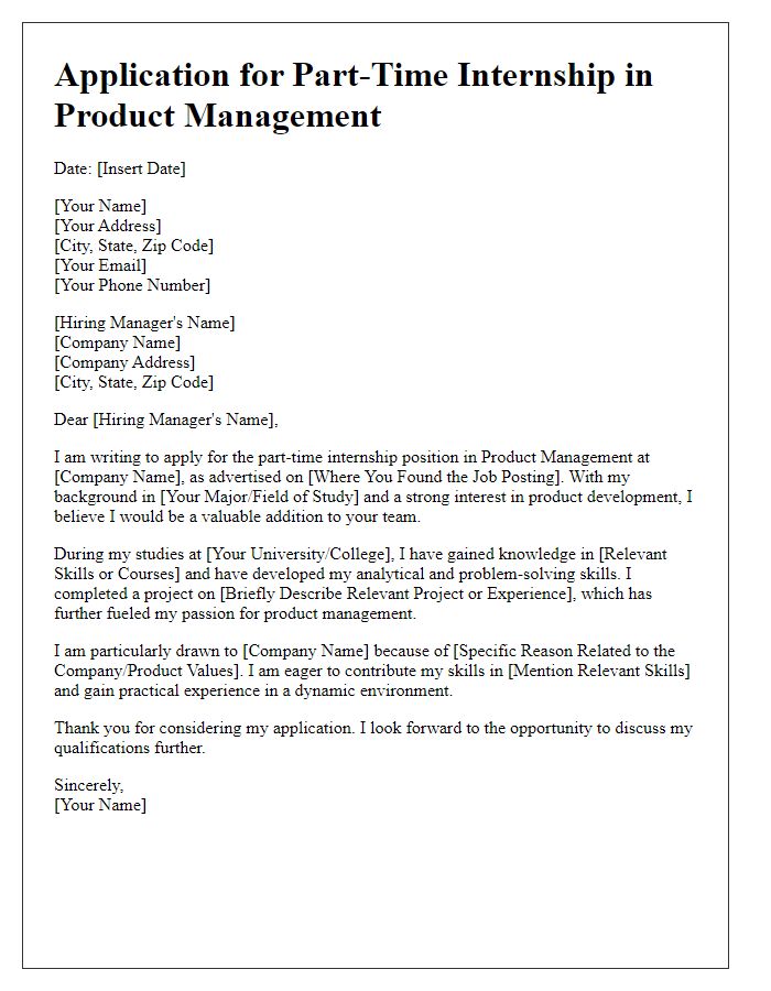 Letter template of part-time internship application for product management