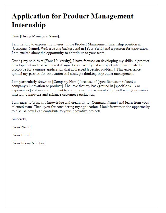 Letter template of product management internship application with a focus on innovation