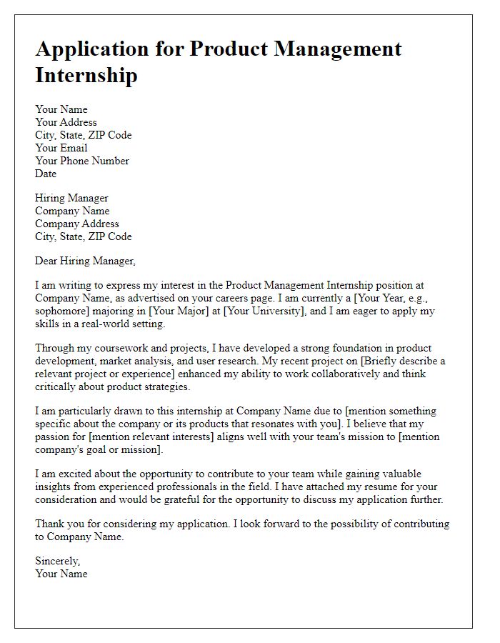 Letter template of product management internship application for university students