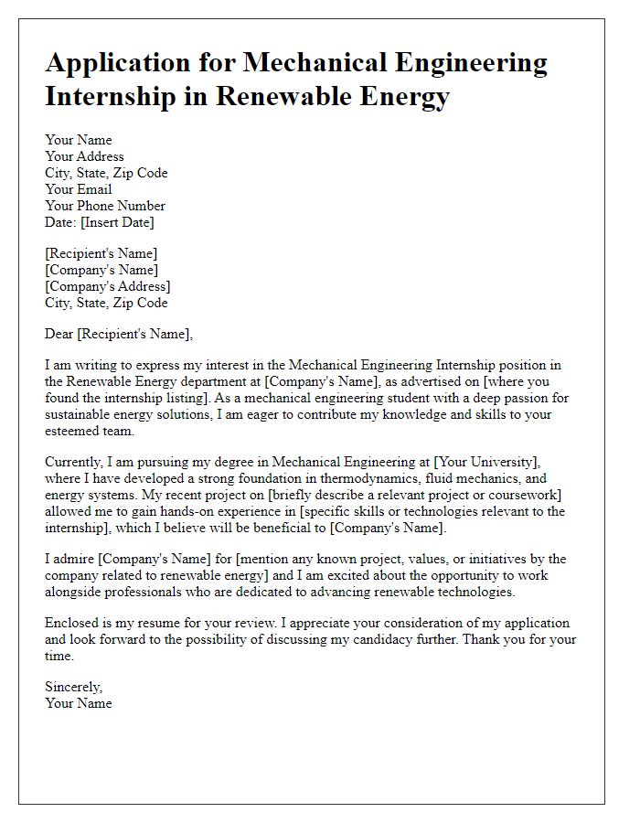 Letter template of application for mechanical engineering internship in renewable energy.