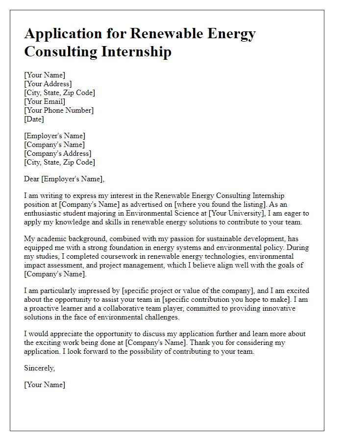 Letter template of application for renewable energy consulting internship.