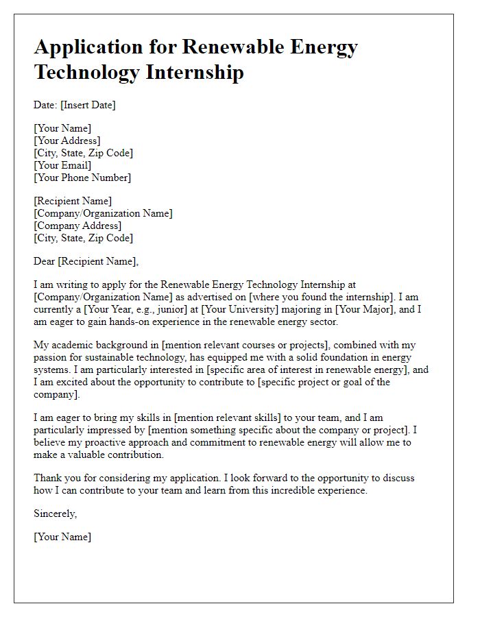 Letter template of application for renewable energy technology internship.