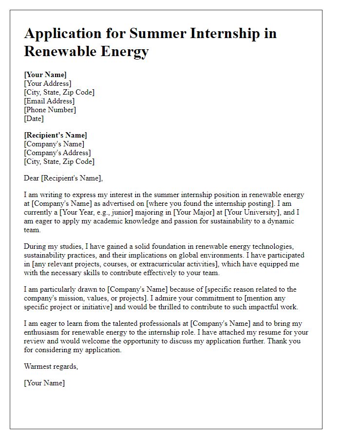 Letter template of application for summer internship in renewable energy.