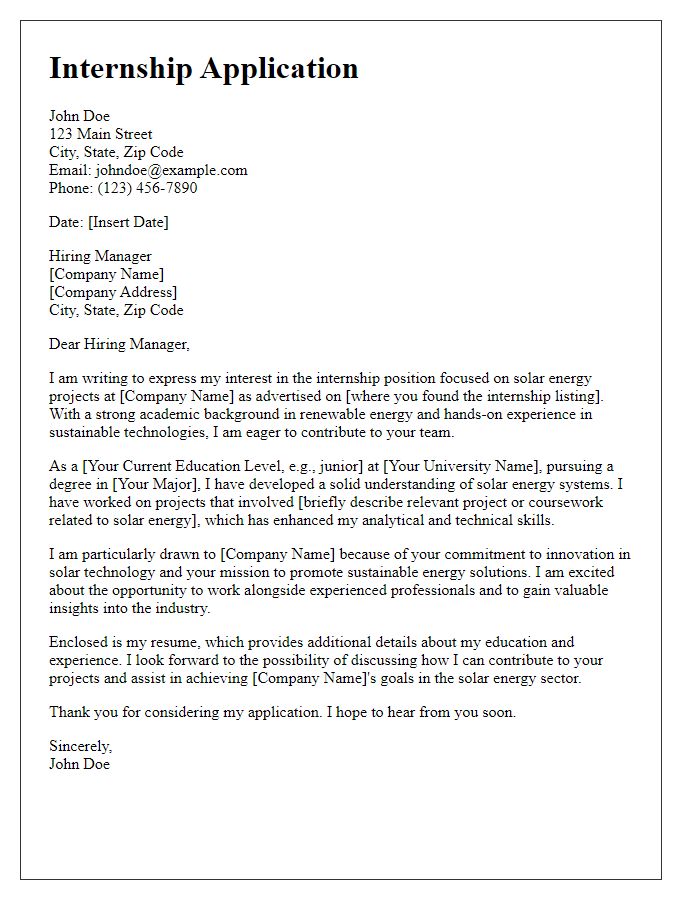 Letter template of internship application focused on solar energy projects.