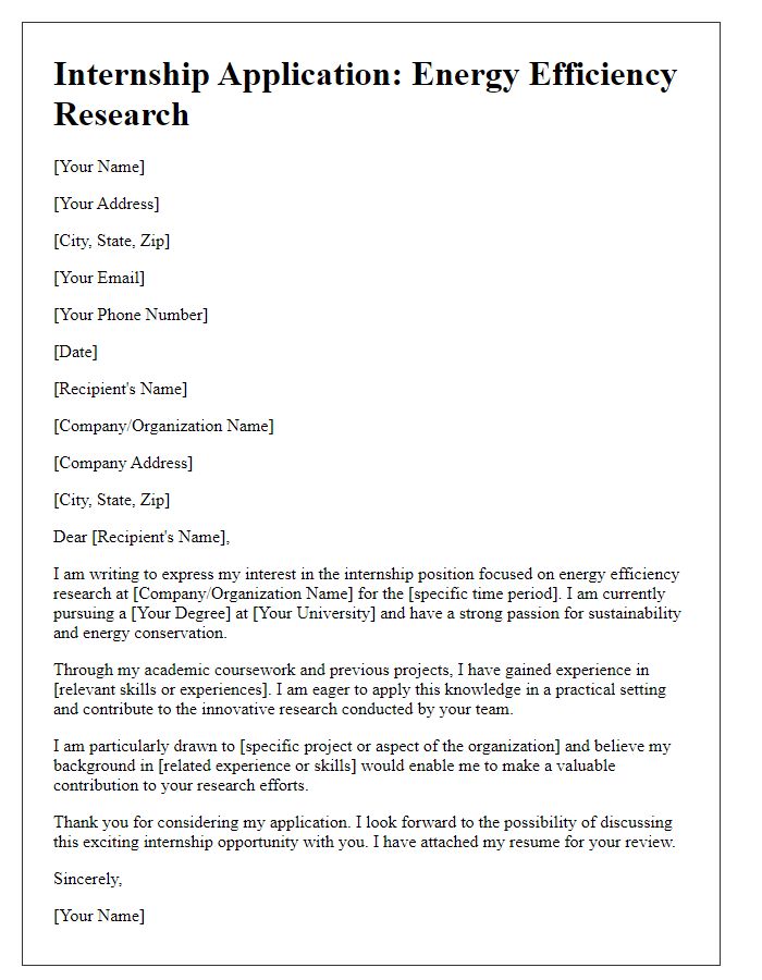 Letter template of internship application in energy efficiency research.