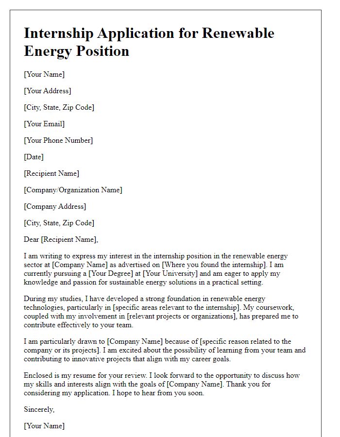 Letter template of internship application in renewable energy sector.