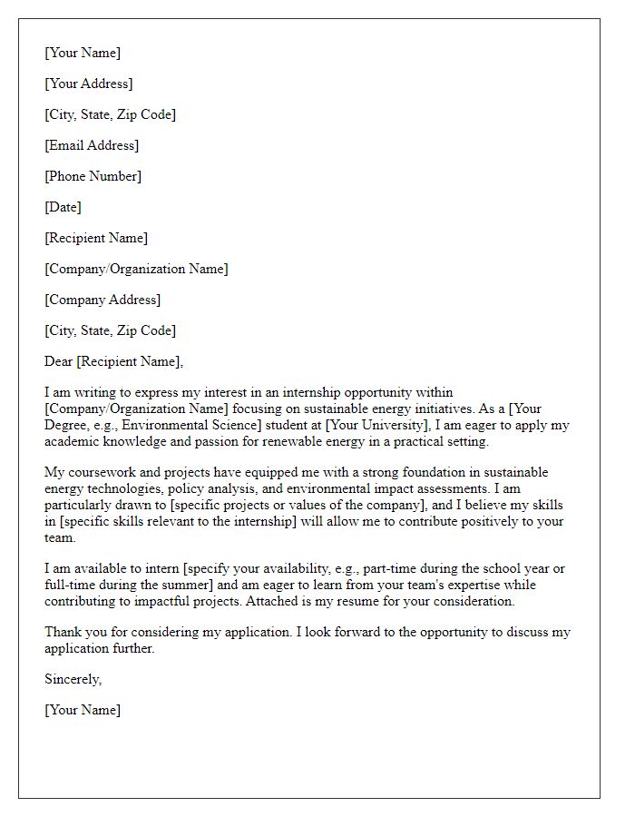 Letter template of internship request in sustainable energy initiatives.