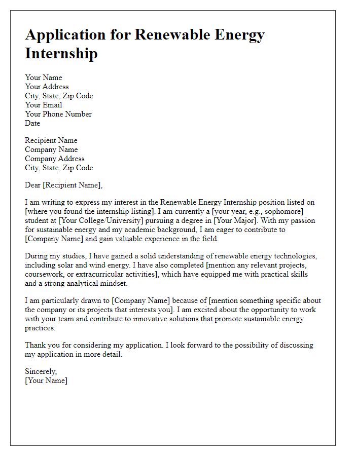 Letter template of renewable energy internship application for college students.