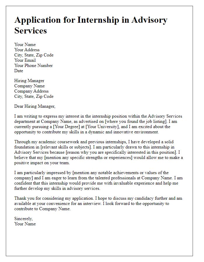 Letter template of internship application for advisory services role