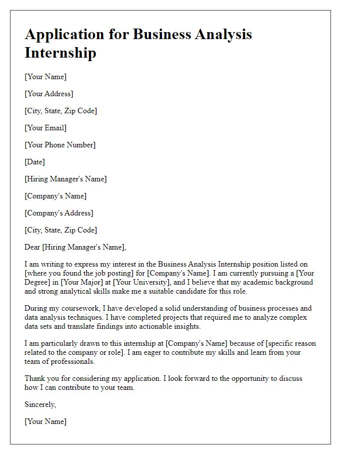 Letter template of internship application for business analysis role