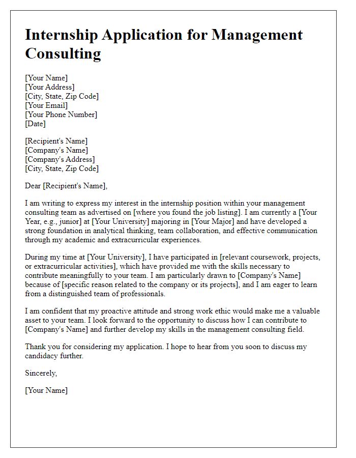 Letter template of internship application for management consulting