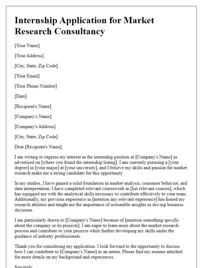 Letter template of internship application for market research consultancy