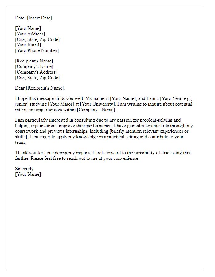 Letter template of internship inquiry for a consulting opportunity