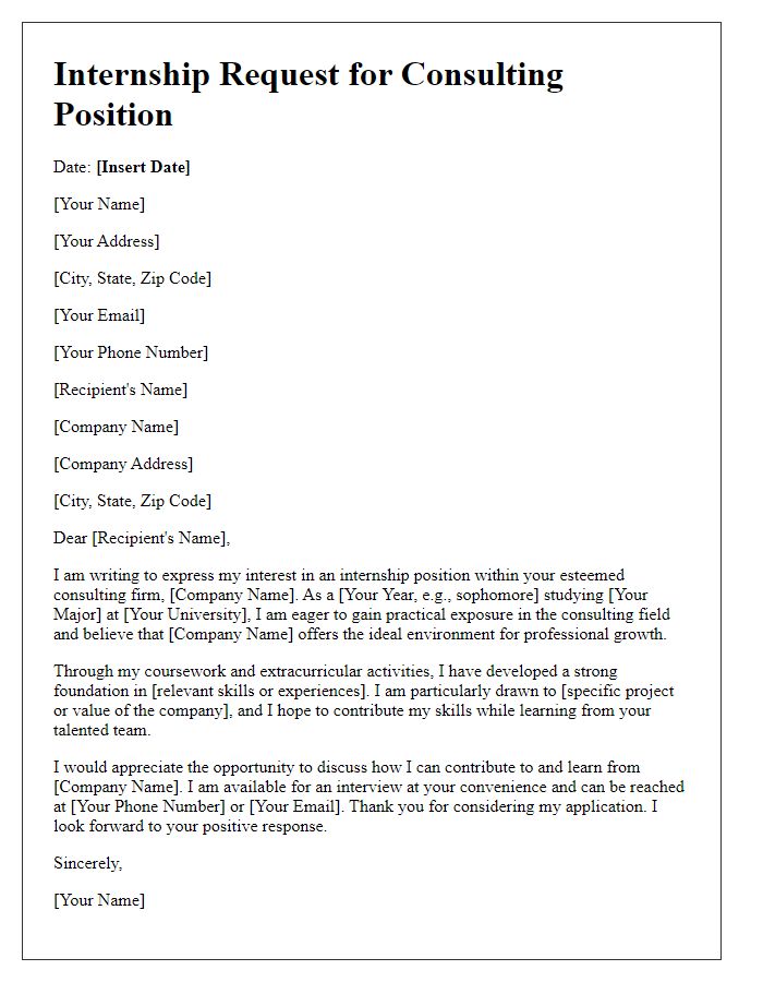 Letter template of internship request for a consulting position