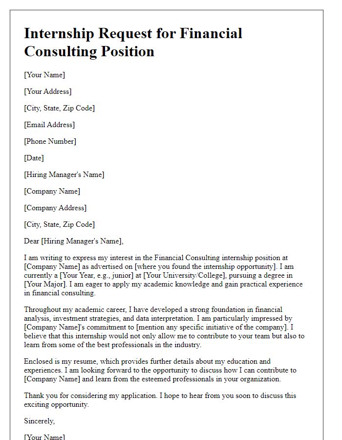 Letter template of internship request for financial consulting position