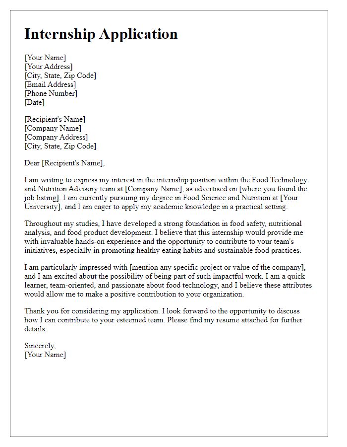 Letter template of internship application for food technology and nutrition advisory