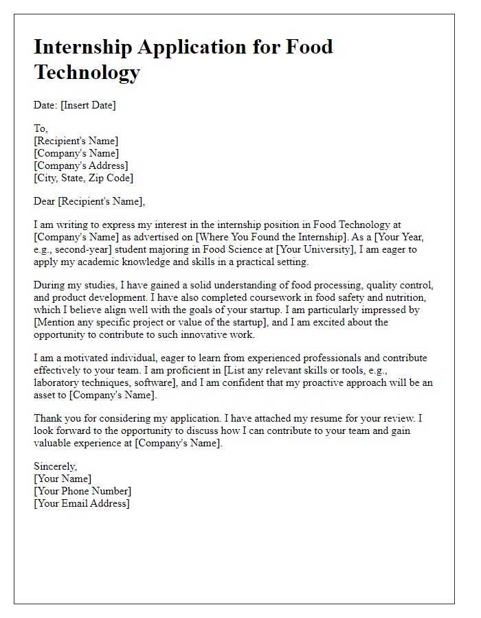 Letter template of internship application for food technology at a local food startup