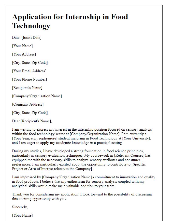 Letter template of internship application for food technology focused on sensory analysis