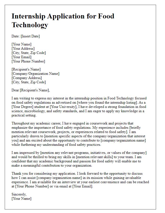 Letter template of internship application for food technology in food safety regulations