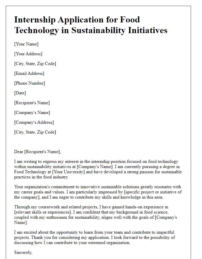 Letter template of internship application for food technology in sustainability initiatives