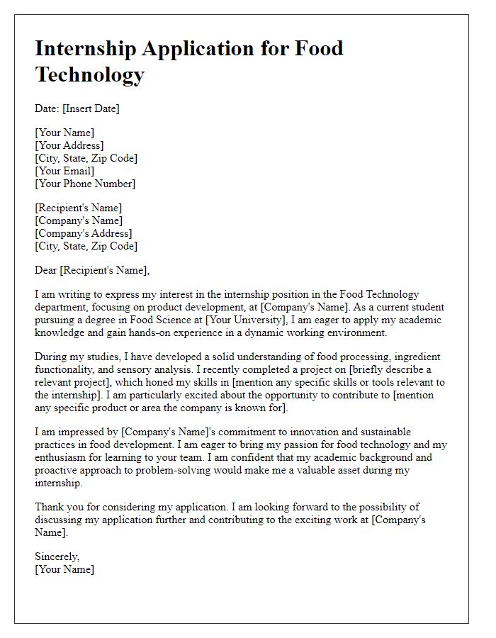 Letter template of internship application for food technology involving product development