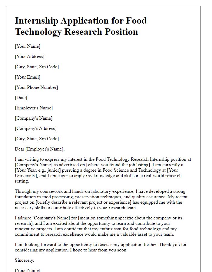 Letter template of internship application for food technology research position