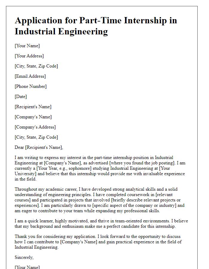 Letter template of application for a part-time internship in industrial engineering