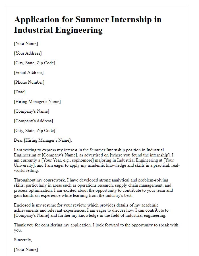 Letter template of application for a summer internship in industrial engineering