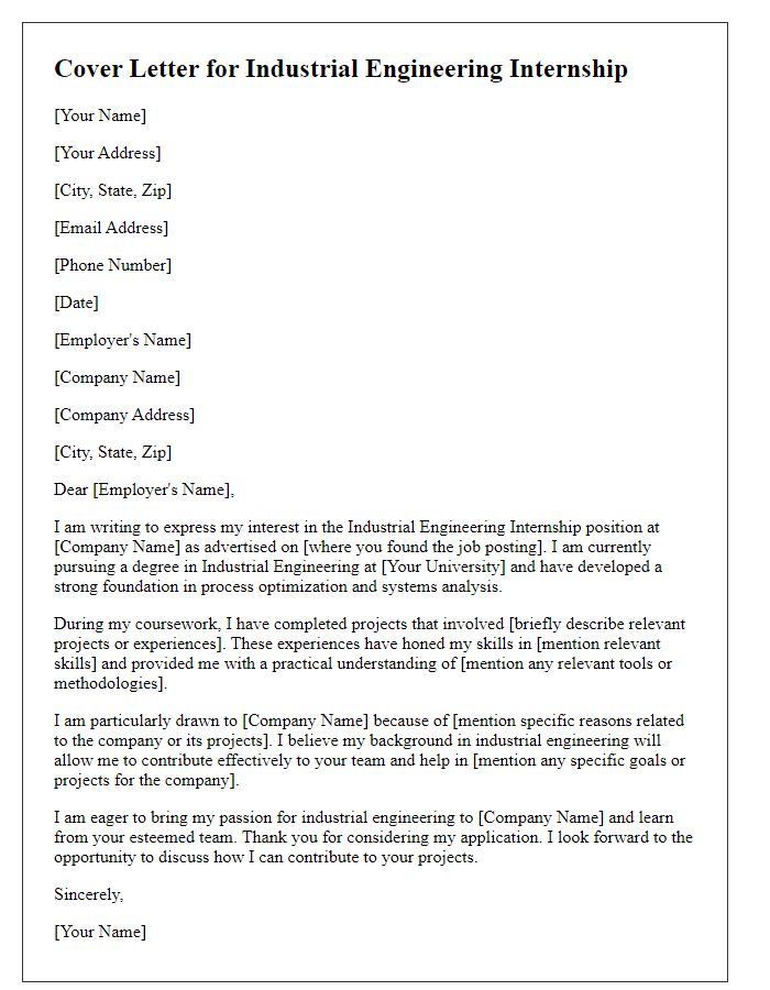 Letter template of cover letter for industrial engineering internship