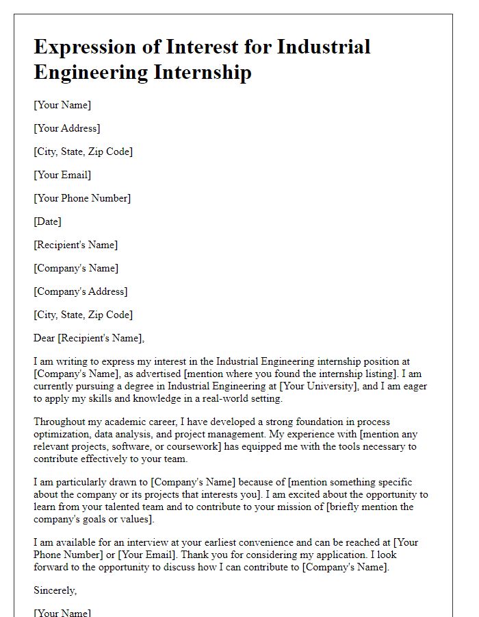 Letter template of expression of interest for industrial engineering internship