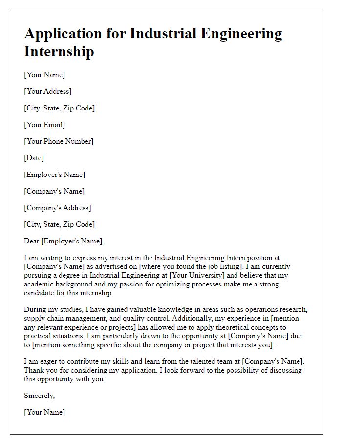 Letter template of industrial engineering intern application letter