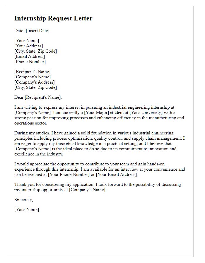 Letter template of industrial engineering internship request