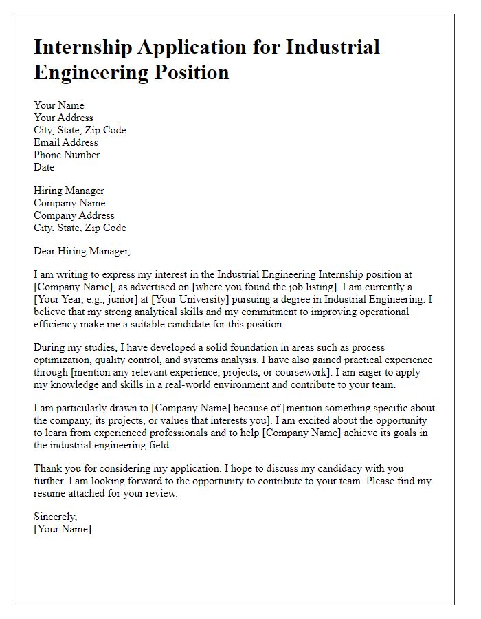 Letter template of internship application for industrial engineering position