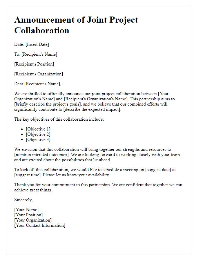 Letter template of unveiling a joint project collaboration.