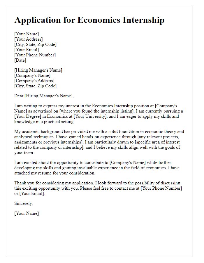 Letter template of Application for Economics Internship Opportunity