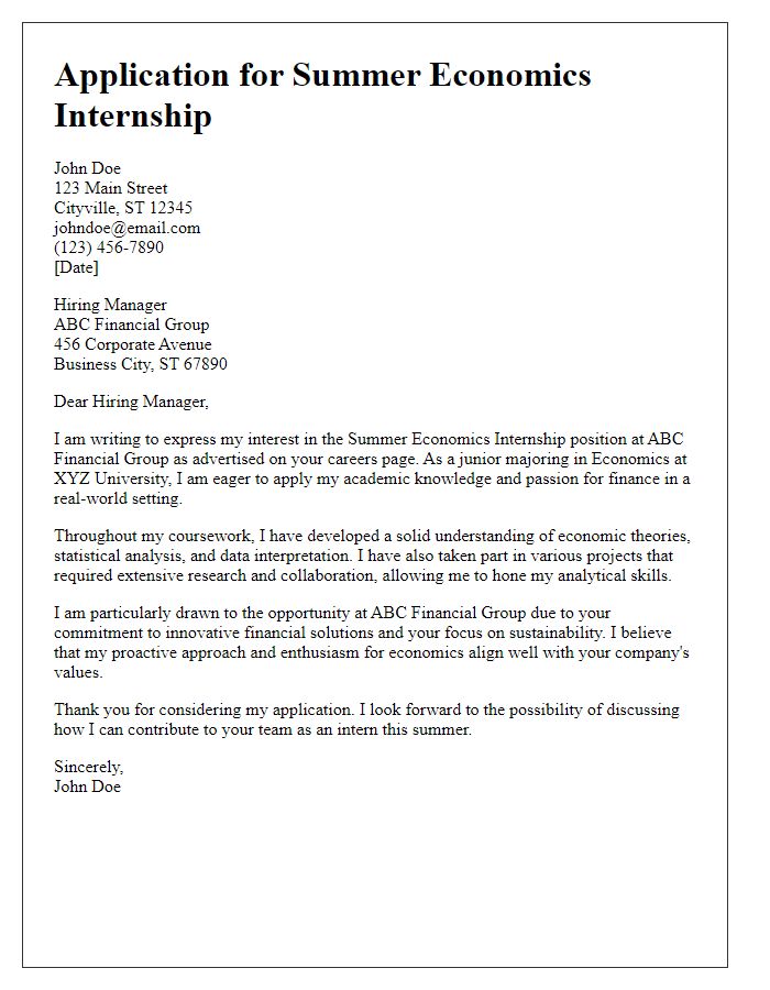 Letter template of Application for Summer Economics Internship