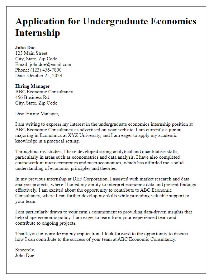 Letter template of Application for Undergraduate Economics Internship